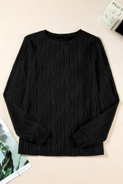 Hot Dear-Lover Textured Wavy Round Neck Long Sleeve Top Black