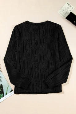 Hot Dear-Lover Textured Wavy Round Neck Long Sleeve Top Black
