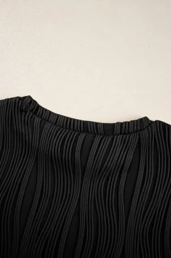 Hot Dear-Lover Textured Wavy Round Neck Long Sleeve Top Black
