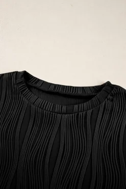 Hot Dear-Lover Textured Wavy Round Neck Long Sleeve Top Black