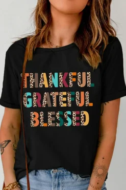Fashion Dear-Lover Thankful Grateful Blessed Leopard Print Crewneck T Shirt Black