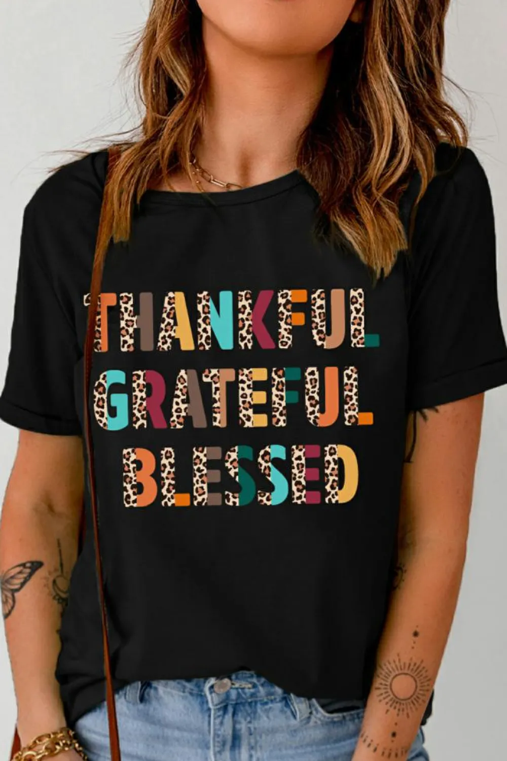 Fashion Dear-Lover Thankful Grateful Blessed Leopard Print Crewneck T Shirt Black