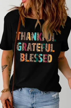 Fashion Dear-Lover Thankful Grateful Blessed Leopard Print Crewneck T Shirt Black