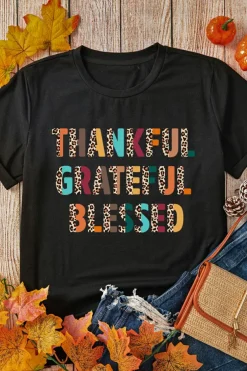 Fashion Dear-Lover Thankful Grateful Blessed Leopard Print Crewneck T Shirt Black
