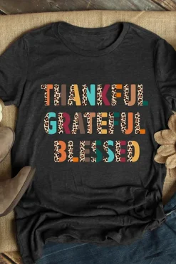 Fashion Dear-Lover Thankful Grateful Blessed Leopard Print Crewneck T Shirt Black