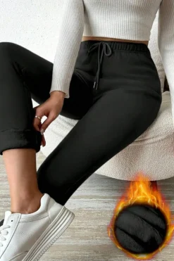 Hot Dear-Lover Thermal Lined Drawstring High Waist Leggings Black