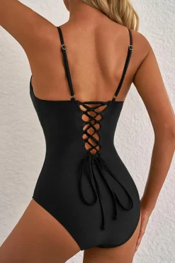 New Dear-Lover Thin Strap Strappy Lace-up Open Back One Piece Swimsuit Black