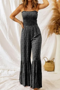 Discount Dear-Lover Thin Straps Smocked Bodice Wide Leg Floral Jumpsuit Black
