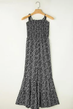 Discount Dear-Lover Thin Straps Smocked Bodice Wide Leg Floral Jumpsuit Black