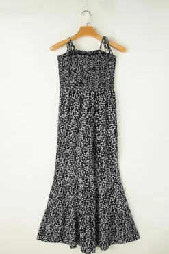 Discount Dear-Lover Thin Straps Smocked Bodice Wide Leg Floral Jumpsuit Black