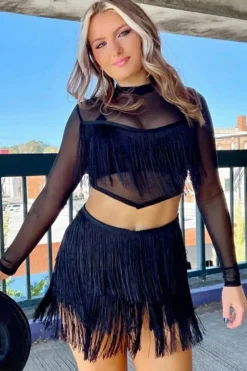 Clearance Dear-Lover Tiered Fringe Trimmed Mini Skirt Black