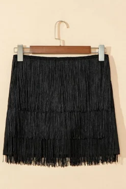 Clearance Dear-Lover Tiered Fringe Trimmed Mini Skirt Black