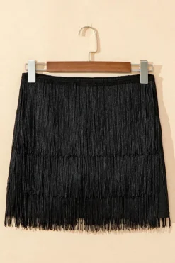 Clearance Dear-Lover Tiered Fringe Trimmed Mini Skirt Black