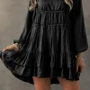 Hot Dear-Lover Tiered Ruffled Puff Sleeve Loose Fit Mini Dress Black