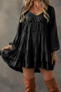 Hot Dear-Lover Tiered Ruffled Puff Sleeve Loose Fit Mini Dress Black
