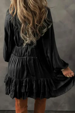 Hot Dear-Lover Tiered Ruffled Puff Sleeve Loose Fit Mini Dress Black