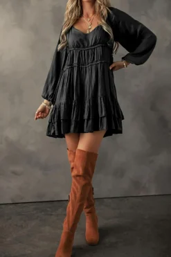 Hot Dear-Lover Tiered Ruffled Puff Sleeve Loose Fit Mini Dress Black