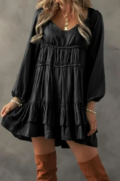 Hot Dear-Lover Tiered Ruffled Puff Sleeve Loose Fit Mini Dress Black