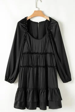Hot Dear-Lover Tiered Ruffled Puff Sleeve Loose Fit Mini Dress Black