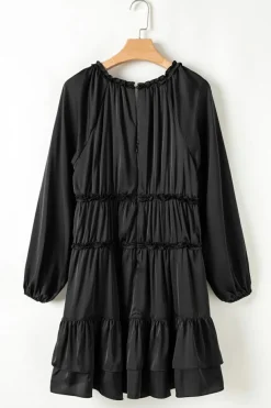 Hot Dear-Lover Tiered Ruffled Puff Sleeve Loose Fit Mini Dress Black