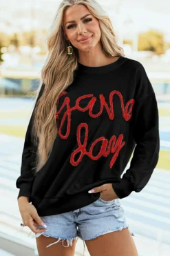 New Dear-Lover Tinsel Game Day Drop Shoulder Graphic Sweatshirt Black
