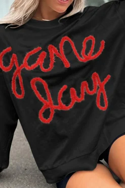 New Dear-Lover Tinsel Game Day Drop Shoulder Graphic Sweatshirt Black
