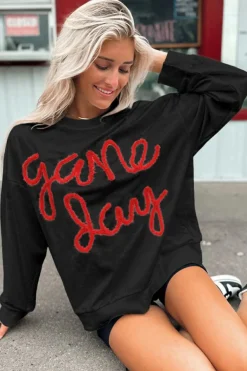 New Dear-Lover Tinsel Game Day Drop Shoulder Graphic Sweatshirt Black