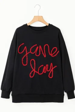 New Dear-Lover Tinsel Game Day Drop Shoulder Graphic Sweatshirt Black