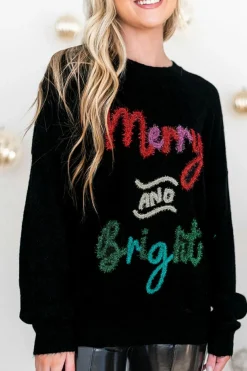 Online Dear-Lover Tinsel Merry and Bright Graphic Christmas Sweater Black