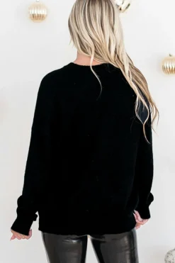 Online Dear-Lover Tinsel Merry and Bright Graphic Christmas Sweater Black