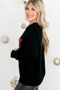 Online Dear-Lover Tinsel Merry and Bright Graphic Christmas Sweater Black