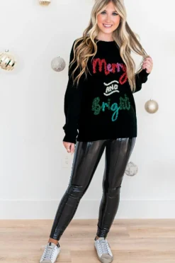 Online Dear-Lover Tinsel Merry and Bright Graphic Christmas Sweater Black