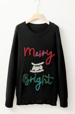 Online Dear-Lover Tinsel Merry and Bright Graphic Christmas Sweater Black