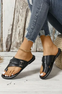 Best Dear-Lover Toe Ring Flat Sandal Slippers Black