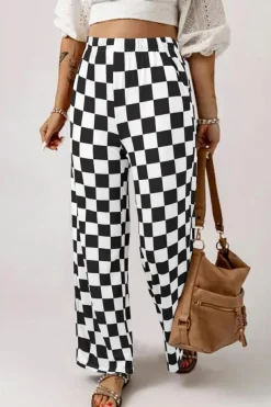 Hot Dear-Lover 2-Tone Checked Print High Waist Wide Leg Pants Black