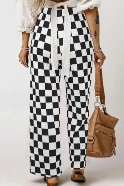 Hot Dear-Lover 2-Tone Checked Print High Waist Wide Leg Pants Black