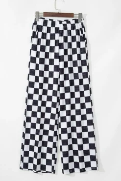 Hot Dear-Lover 2-Tone Checked Print High Waist Wide Leg Pants Black