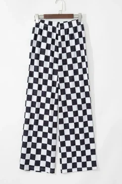 Hot Dear-Lover 2-Tone Checked Print High Waist Wide Leg Pants Black