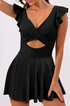 Clearance Dear-Lover 2-tone Patchwork Crossed Cutout One Piece Swimdress Black