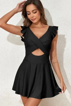 Clearance Dear-Lover 2-tone Patchwork Crossed Cutout One Piece Swimdress Black