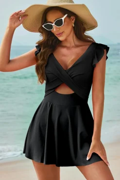 Clearance Dear-Lover 2-tone Patchwork Crossed Cutout One Piece Swimdress Black