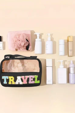 Sale Dear-Lover TRAVEL Chenille Letter Clear PVC Makeup Bag Black