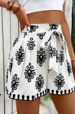 Fashion Dear-Lover Tribal Geometric Print Belted High Waist Casual Shorts Black