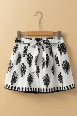 Fashion Dear-Lover Tribal Geometric Print Belted High Waist Casual Shorts Black