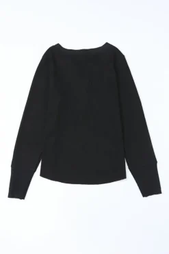 Fashion Dear-Lover Trimmed Neckline Waffle Knit Henley Top Black