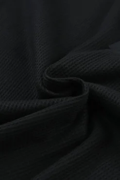 Fashion Dear-Lover Trimmed Neckline Waffle Knit Henley Top Black