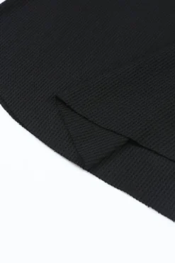 Fashion Dear-Lover Trimmed Neckline Waffle Knit Henley Top Black
