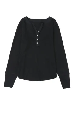 Fashion Dear-Lover Trimmed Neckline Waffle Knit Henley Top Black
