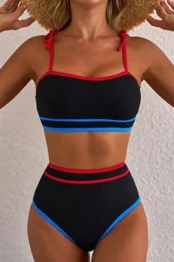 Online Dear-Lover Triple Color Trimmed High Waist Bikini Set Black