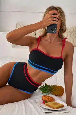Online Dear-Lover Triple Color Trimmed High Waist Bikini Set Black